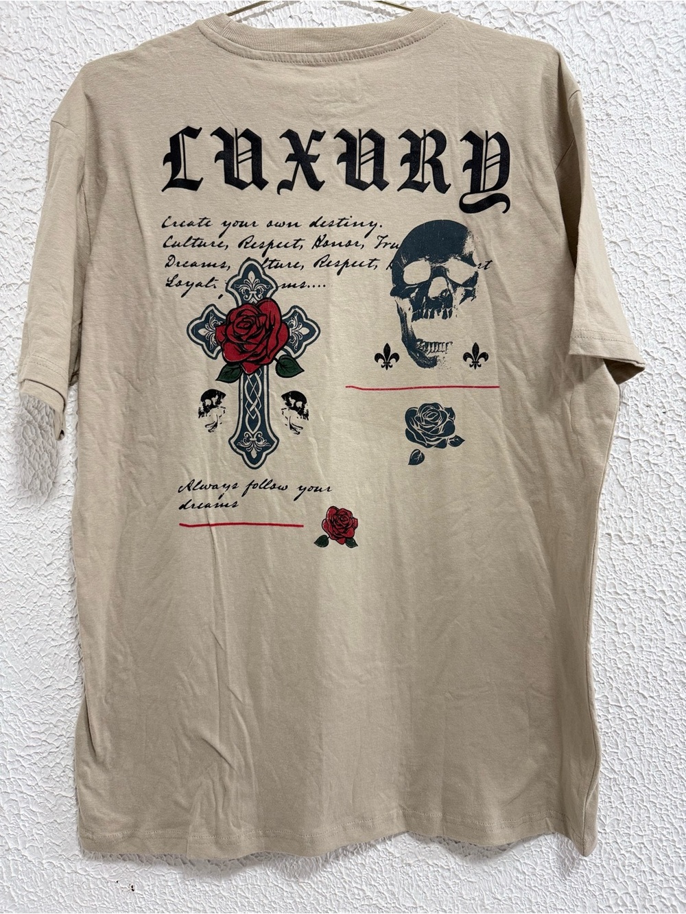 Taco Tuesday Luxury Skull Cross Rose Graphic T-Shirt Beige Men’s Shirt - Picture 4 of 5